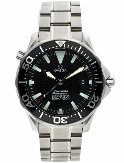 Pre-Owned Omega Seamaster watch with black wavy dial and stainless steel bracelet showing 300m/1000ft water resistance.