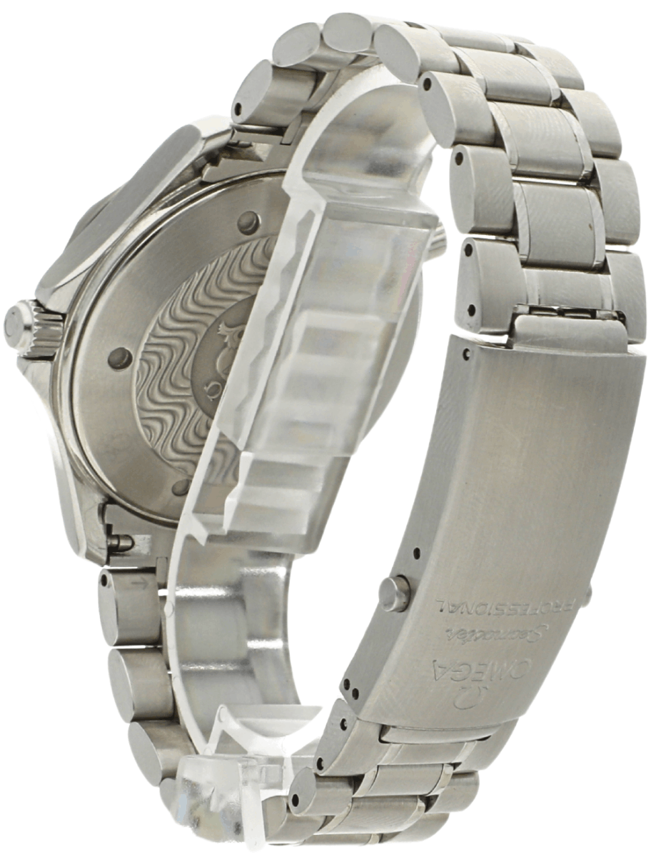 Pre-Owned Omega Seamaster stainless steel wristwatch with a metal bracelet, shown from the side with the clasp closed.