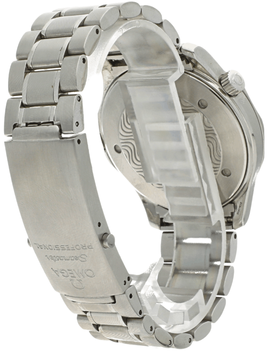 Pre-Owned Omega Seamaster stainless steel wristwatch with a metal bracelet, shown from the side with the clasp closed.
