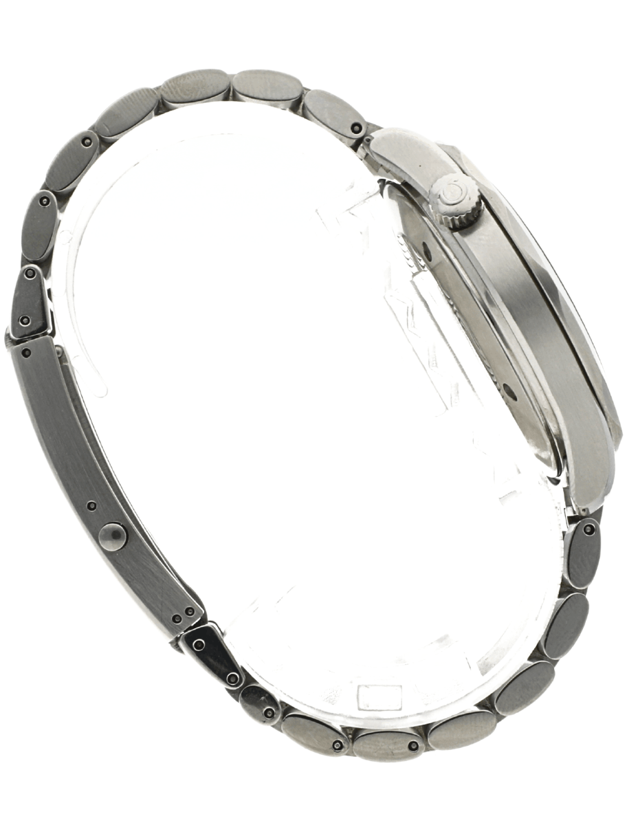 Pre-Owned Omega Seamaster side view of a stainless steel wristwatch with a metal link bracelet and crown visible