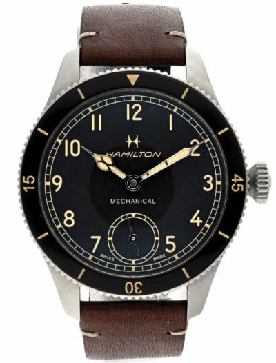 Pre-owned Hamilton mechanical wristwatch with black dial, beige numerals, and brown leather strap