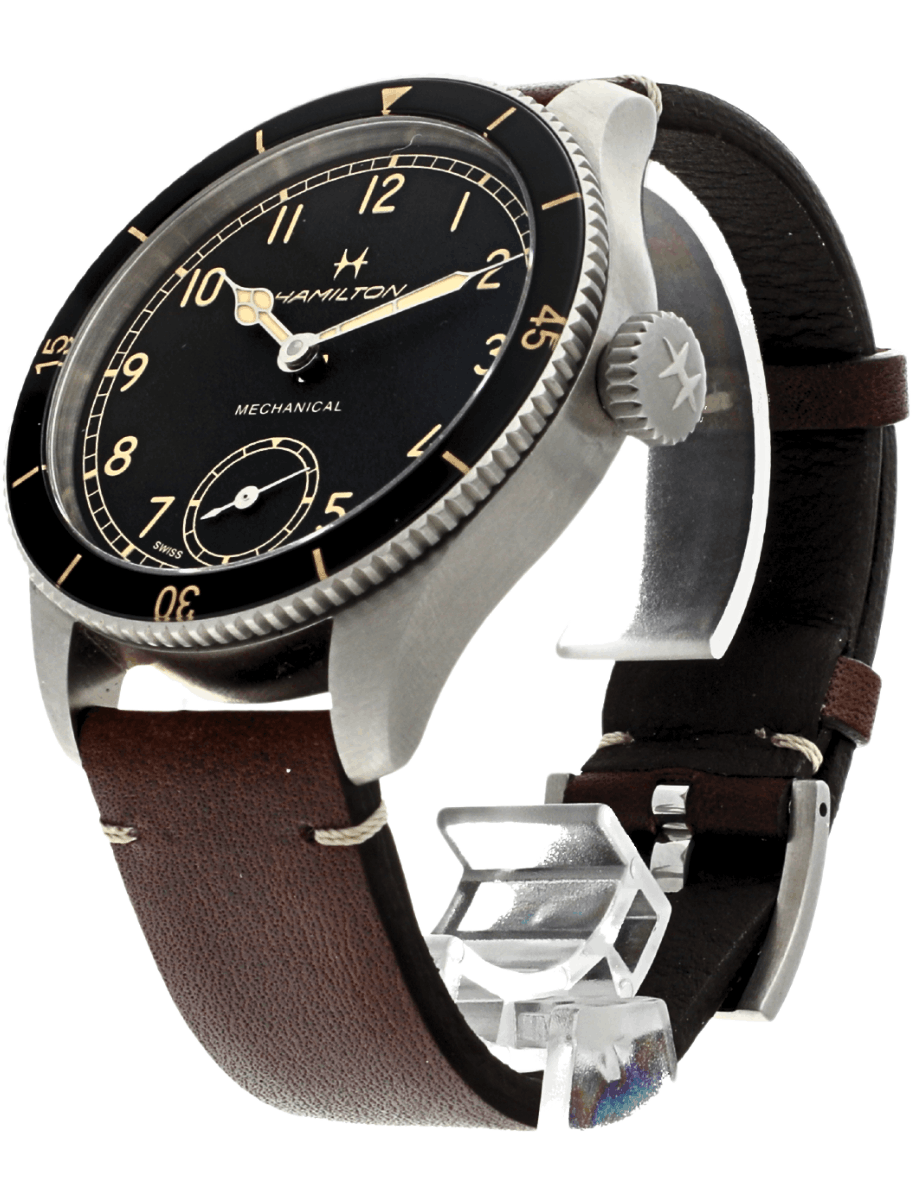 Pre-owned Hamilton mechanical wristwatch with black dial, gold numerals, and brown leather strap.