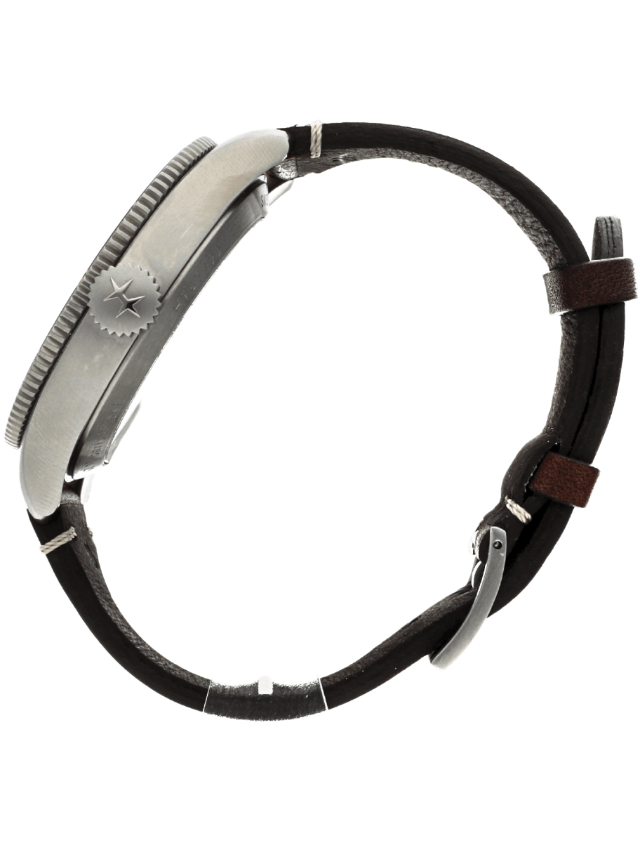 Hamilton pre-owned side view of a rugged wristwatch with a steel case and black leather strap, showing the crown and stitched band.