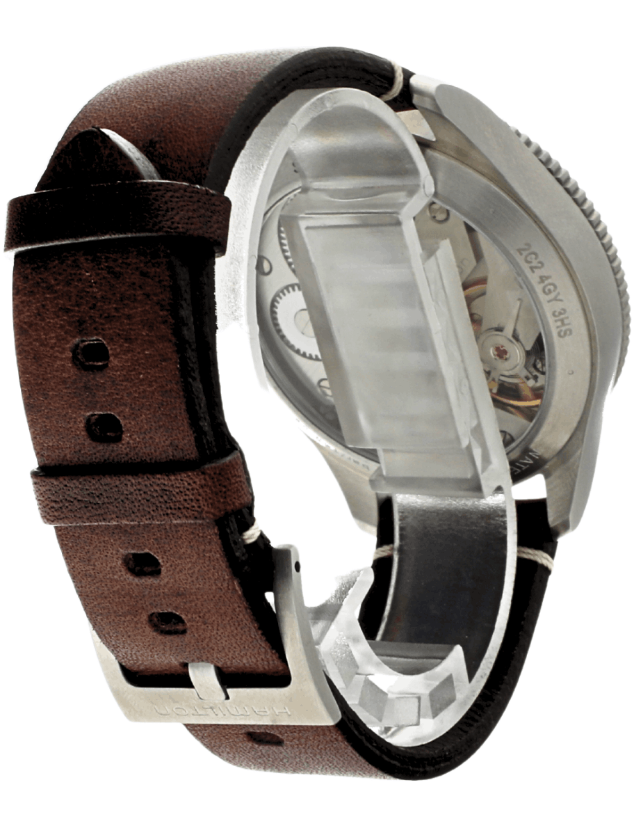 Hamilton pre-owned brown leather-strapped wristwatch with a transparent case back revealing the mechanical movement.