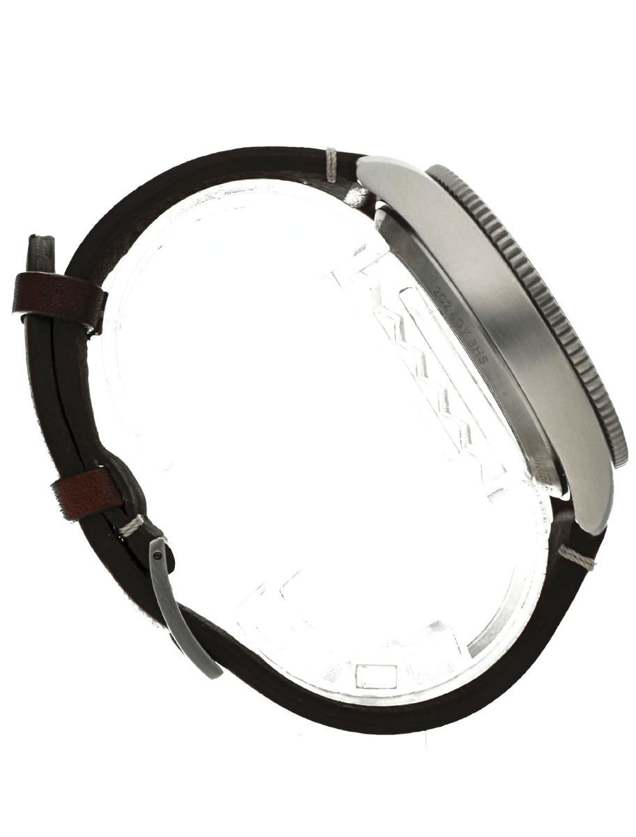 Hamilton pre-owned side view of a wristwatch with a round metal case and black leather strap.