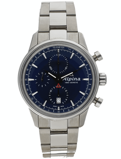 Alpina chronograph wristwatch with a blue dial and stainless steel bracelet, front view.
