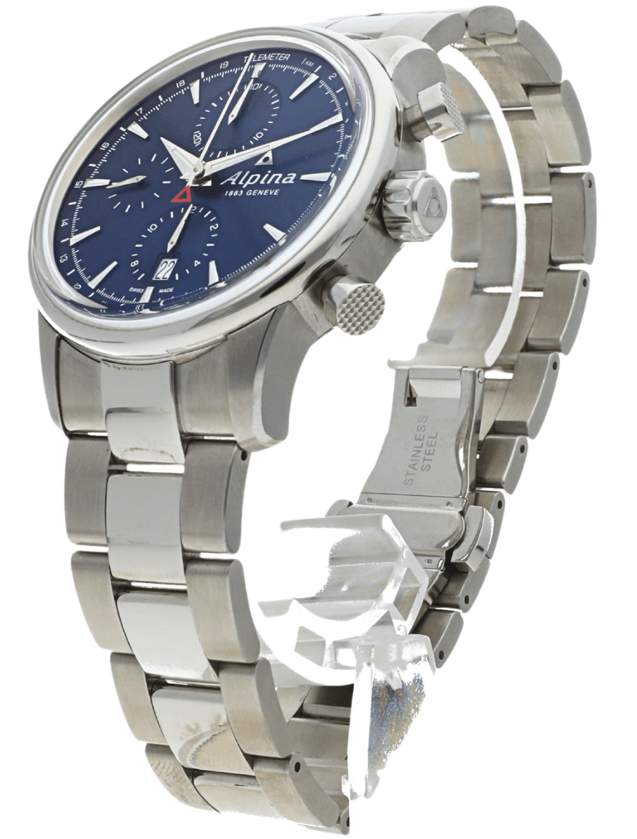 Pre-owned stainless steel Alpina wristwatch with a blue dial, multiple subdials and date window, and metal bracelet.