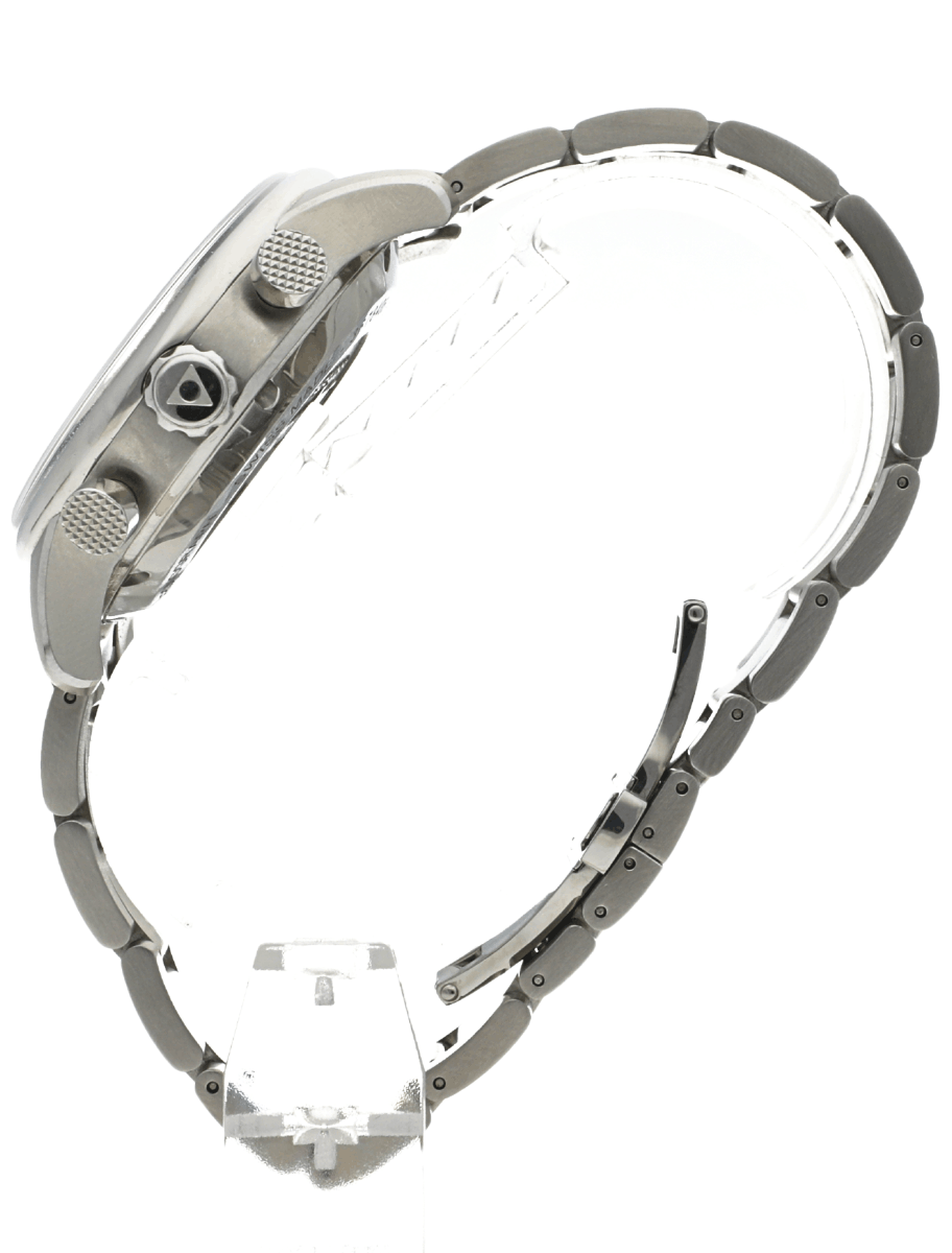 Pre-owned side view of a stainless steel wristwatch showing the crown and pushers with a metal linked bracelet on a white background.