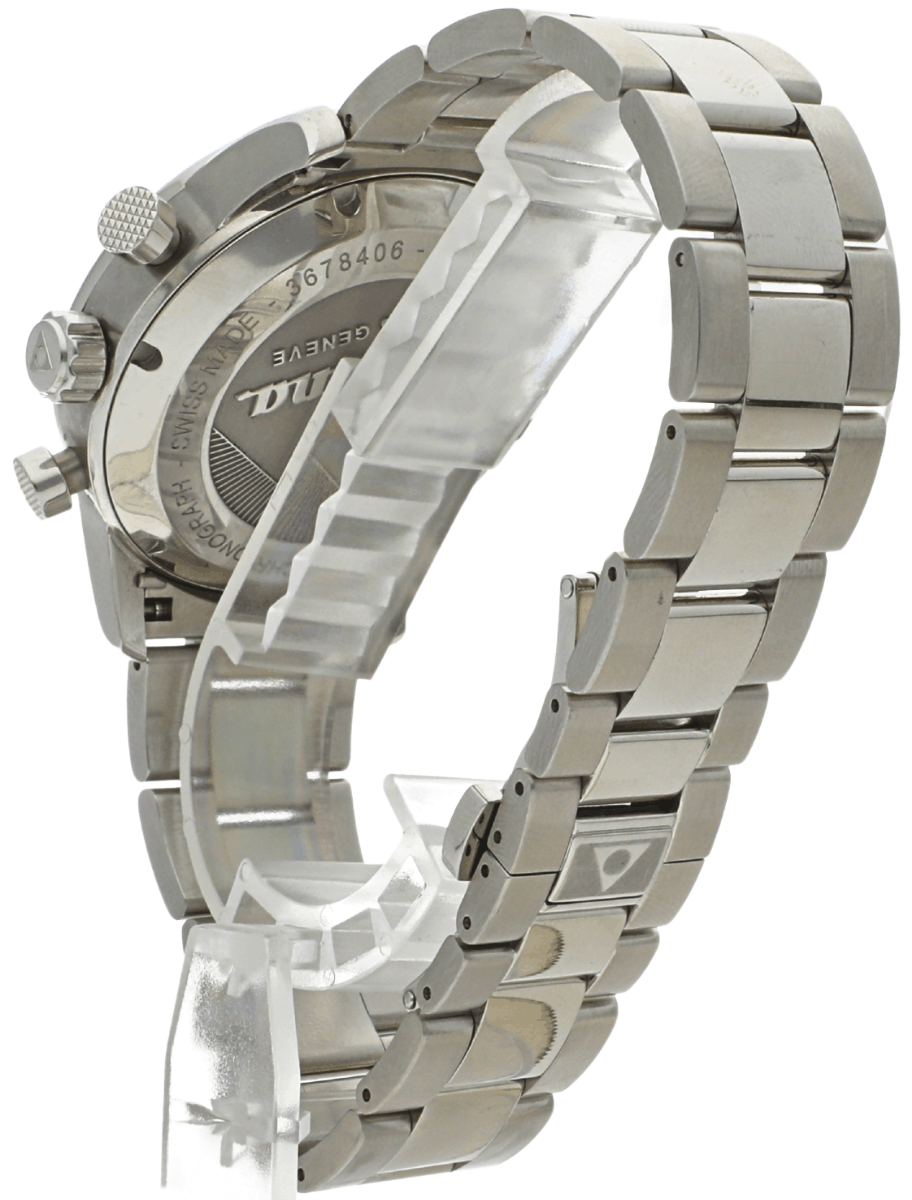 Pre-owned stainless steel wristwatch with metal link bracelet and open deployment clasp, shown from the back.