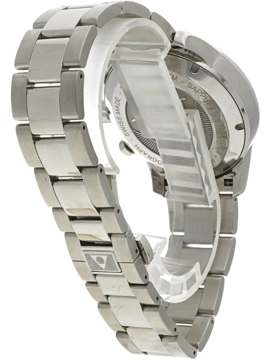Back view of a pre-owned stainless steel wristwatch with a metal link bracelet, showing the case back and bracelet hinges
