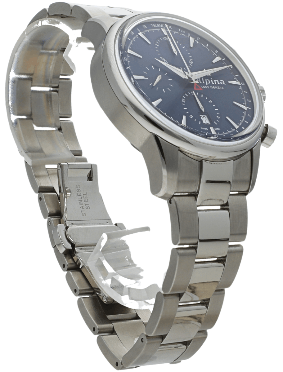 Pre-owned stainless steel Alpina Genève chronograph watch with a blue dial, three subdials, date window, and a metal bracelet.