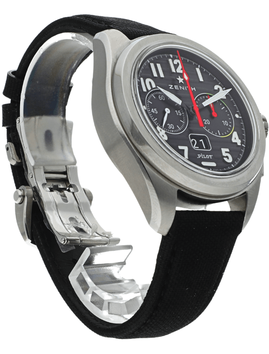 Zenith Pilot wristwatch with black dial, white numerals, red chronograph hand, and a black strap.