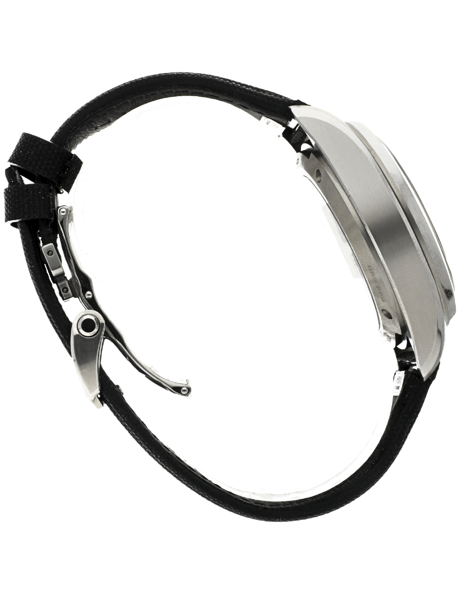 Side view of a silver wristwatch with a black leather strap