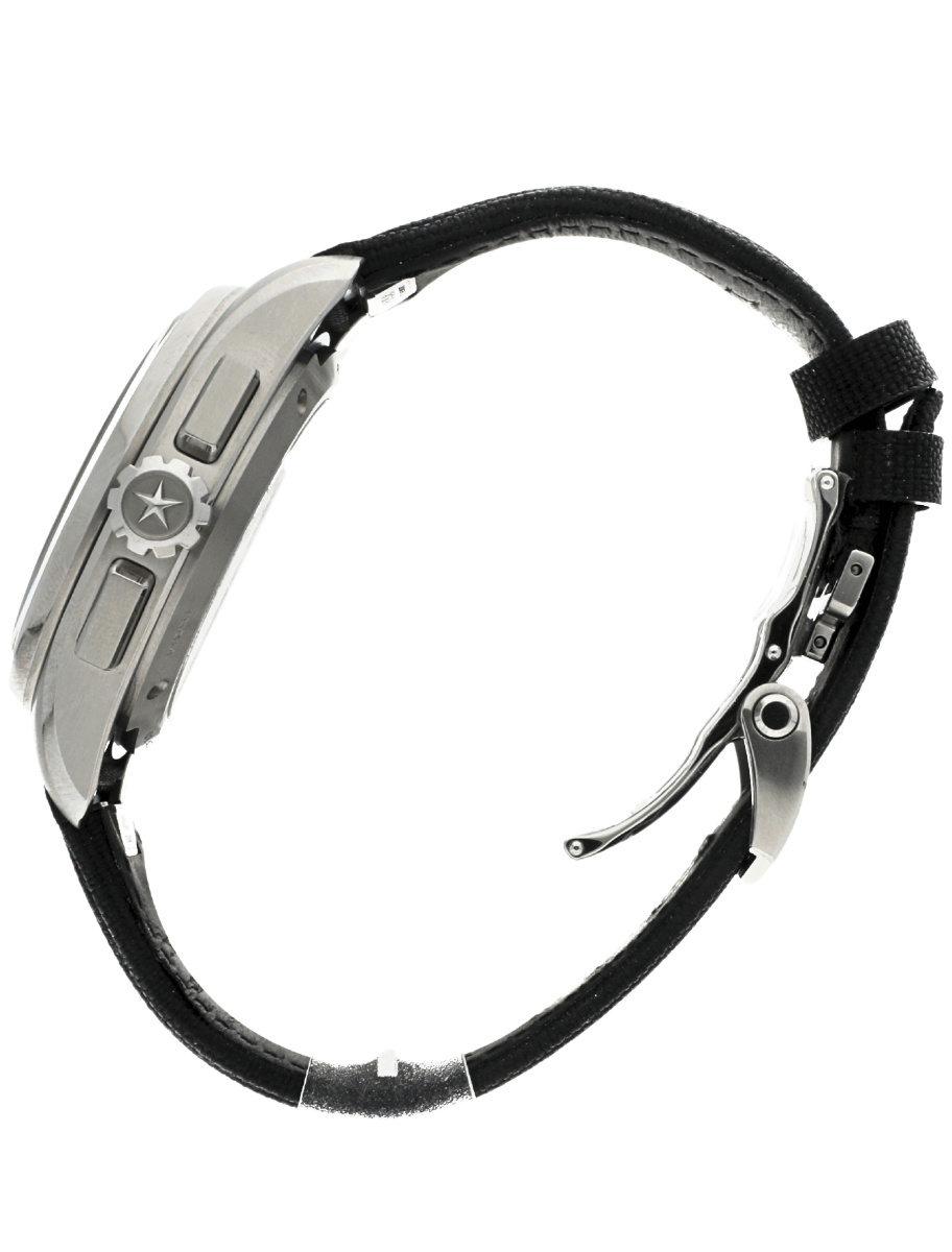 Side view of a silver-toned wristwatch with a black leather strap and a crown on the left side of the case.