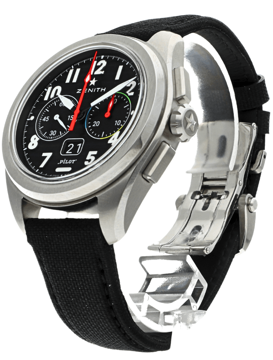 Zenith Pilot chronograph wristwatch with black strap, stainless steel case, and red hands on a black dial with white numerals and date window.