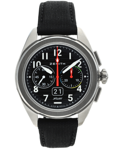 Zenith Pilot chronograph wristwatch with black dial, white numerals, red seconds hand, and black fabric strap