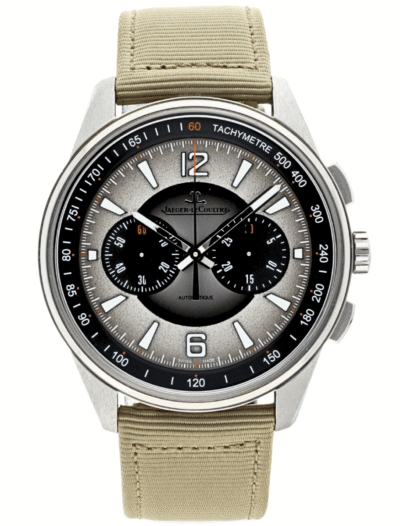 Jaeger-LeCoultre chronograph wristwatch with beige fabric strap and silver dial featuring tachymeter bezel