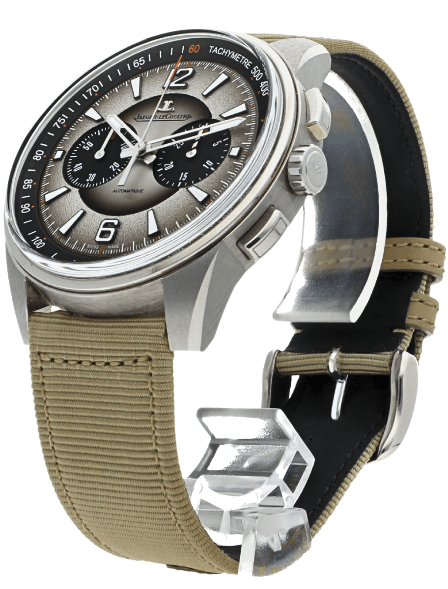 Jaeger‑LeCoultre chronograph wristwatch with a beige fabric strap, silver case, and three black subdials