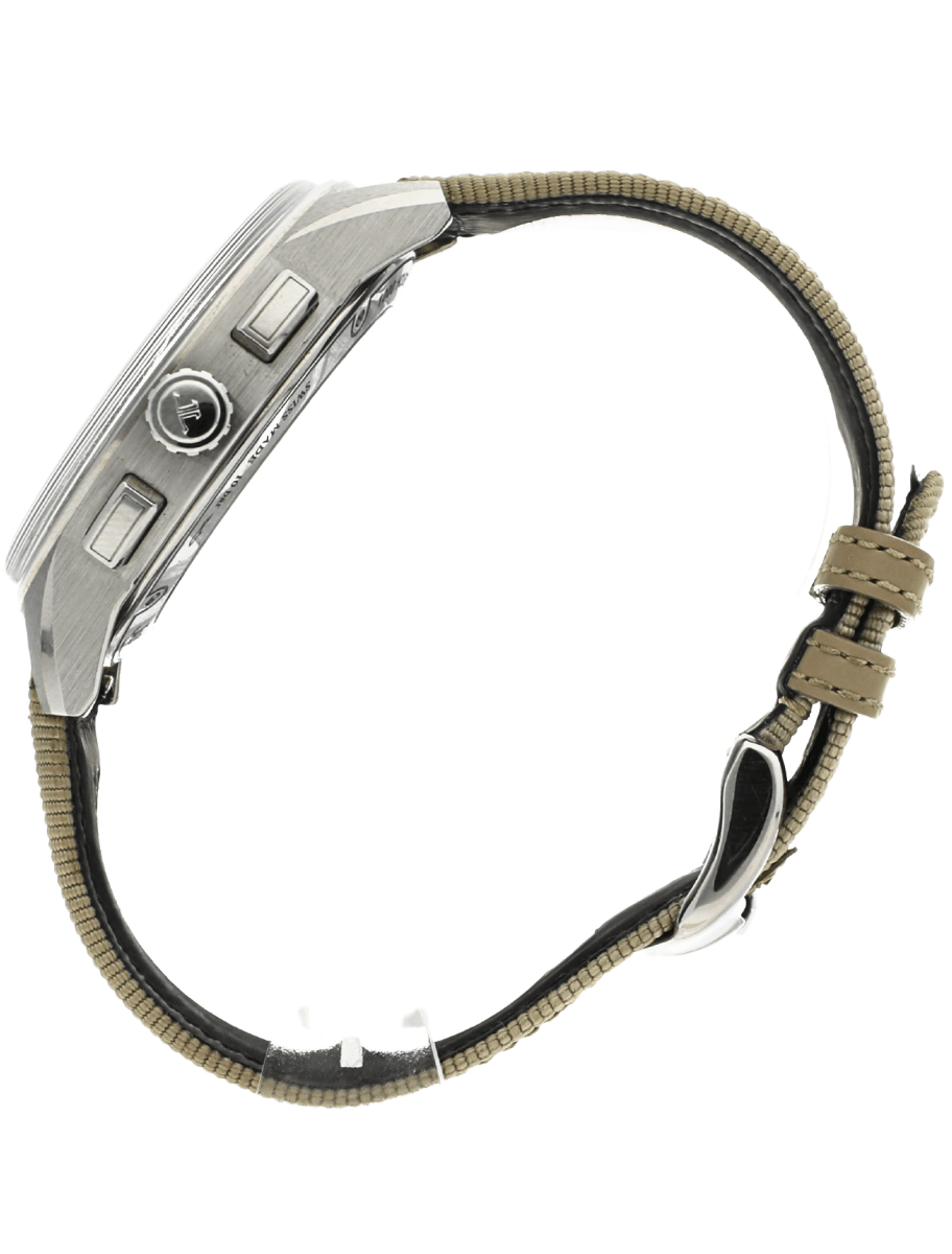 Side view of a wristwatch with a metallic case and beige fabric strap, showing the crown and pushers on the left edge.