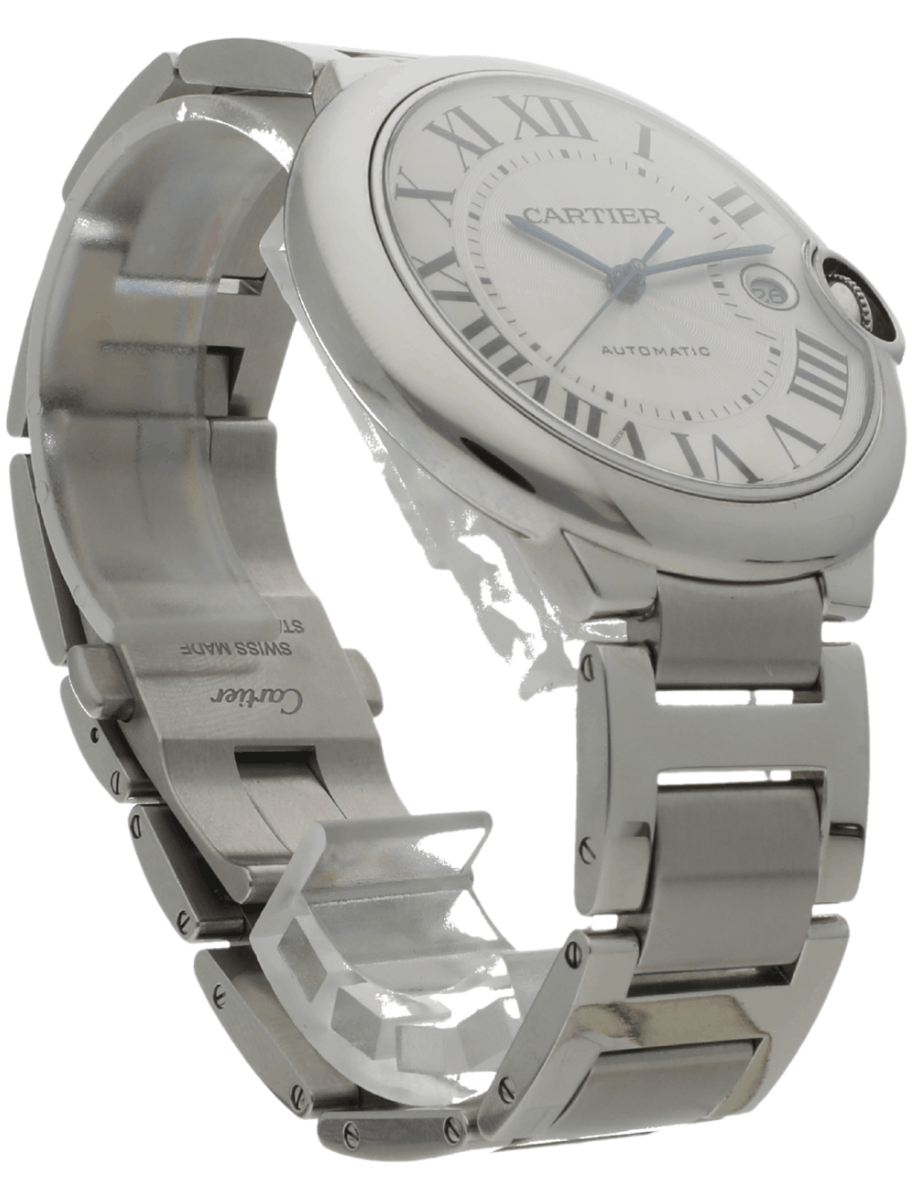 Silver Cartier automatic wristwatch with a Roman numeral dial and metal link bracelet, seen from the side.