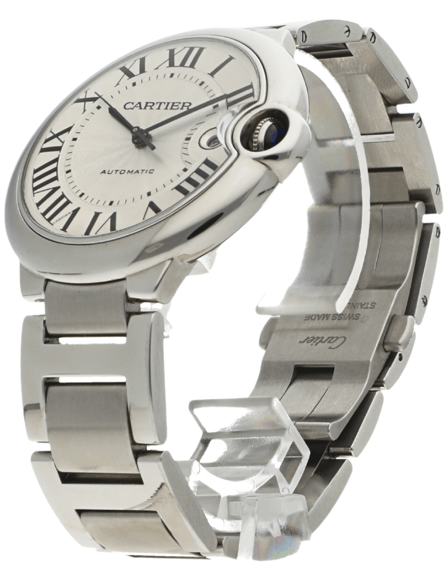 Silver Cartier automatic wristwatch with Roman numerals and a metal link bracelet viewed at an angle