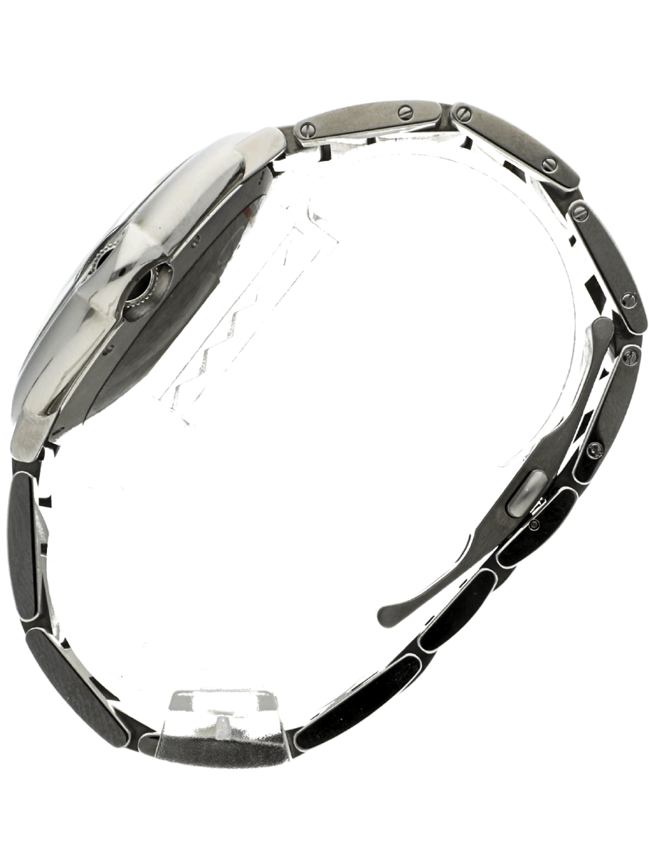Side view of a silver metal wristwatch with a link bracelet and exposed crown