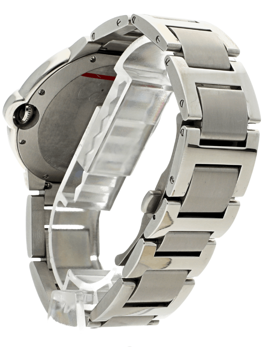 Back view of a stainless steel wristwatch with a silver link bracelet and deployment clasp, showing the case back and hinge.