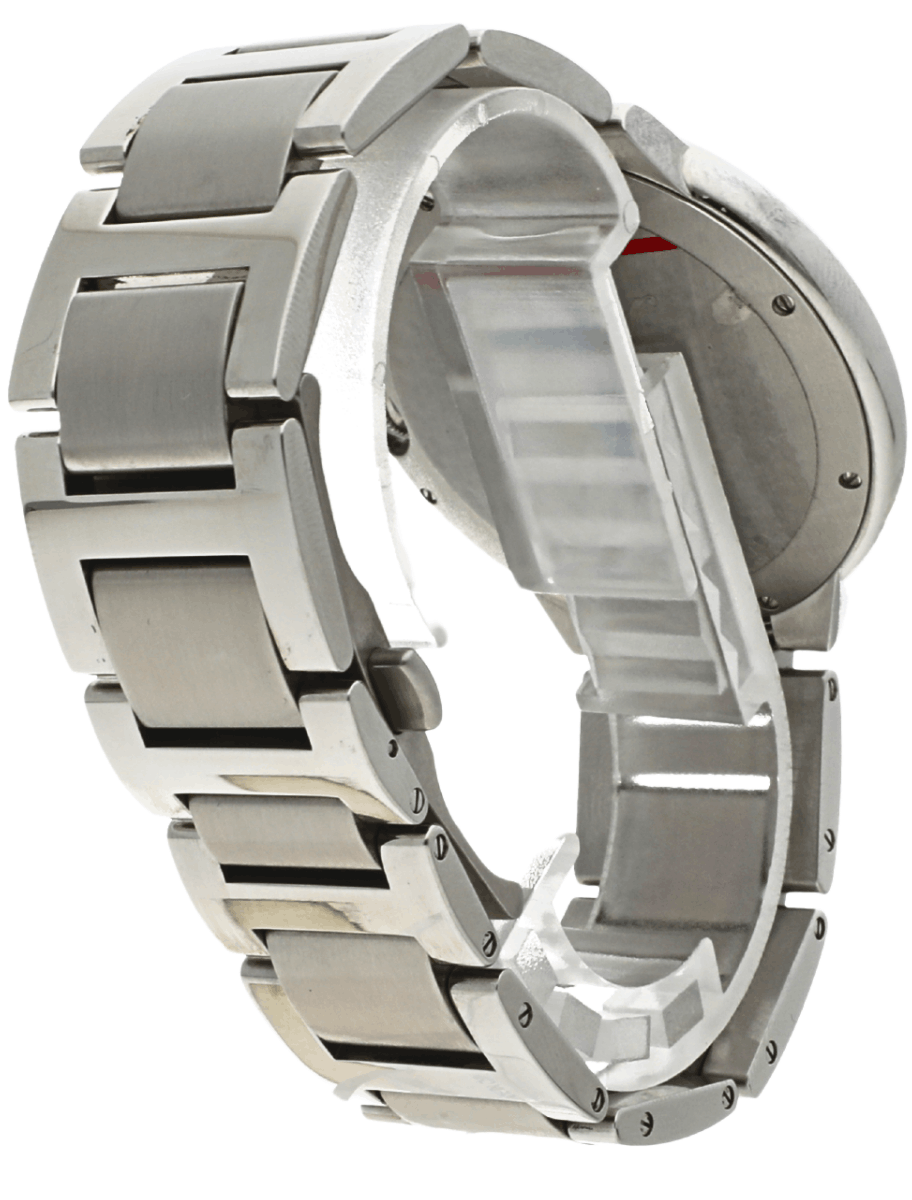Close-up of a silver metal wristwatch with a fold-over clasp, shown from the side and focusing on the band links.