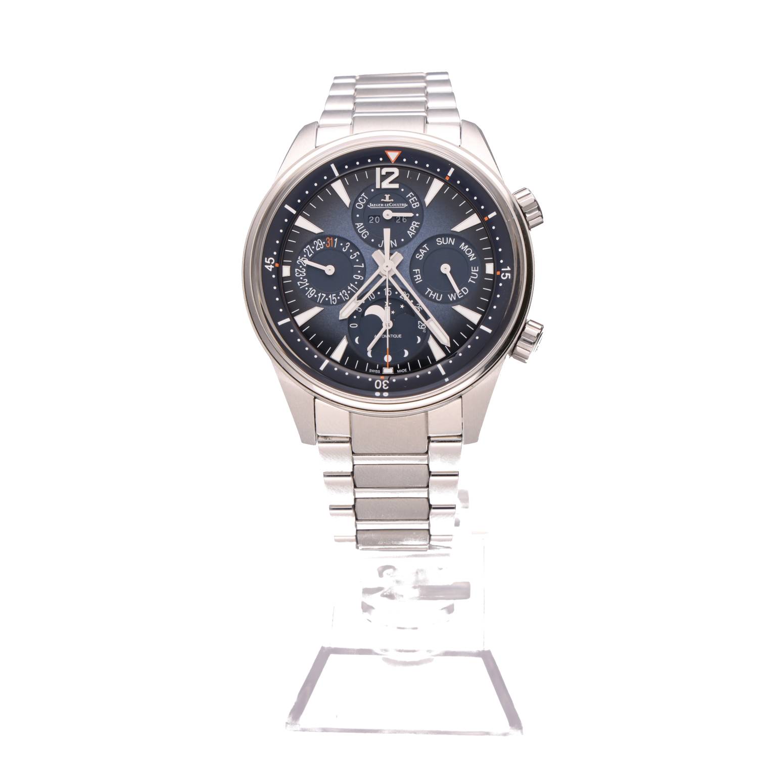 Jaeger-LeCoultre stainless steel wristwatch with a blue dial and multiple subdials on a display stand