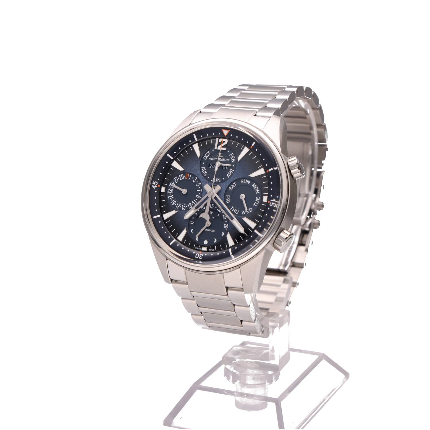 Stainless steel wristwatch with a blue dial and multiple subdials displayed on a clear stand.