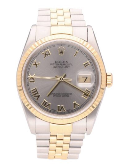 Two-tone Rolex Datejust wristwatch with gold fluted bezel, silver dial, Roman numerals, and date display at 3 o'clock.