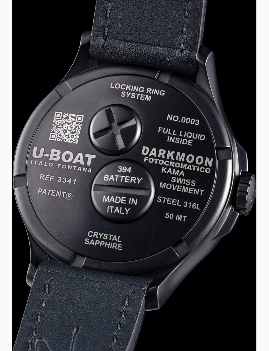 Back of a dark metal watch with labeled components and leather strap, including 'U-BOAT ITALO FONTANA', 'CRYSTAL SAPPHIRE', and 'MADE IN ITALY' inscriptions.