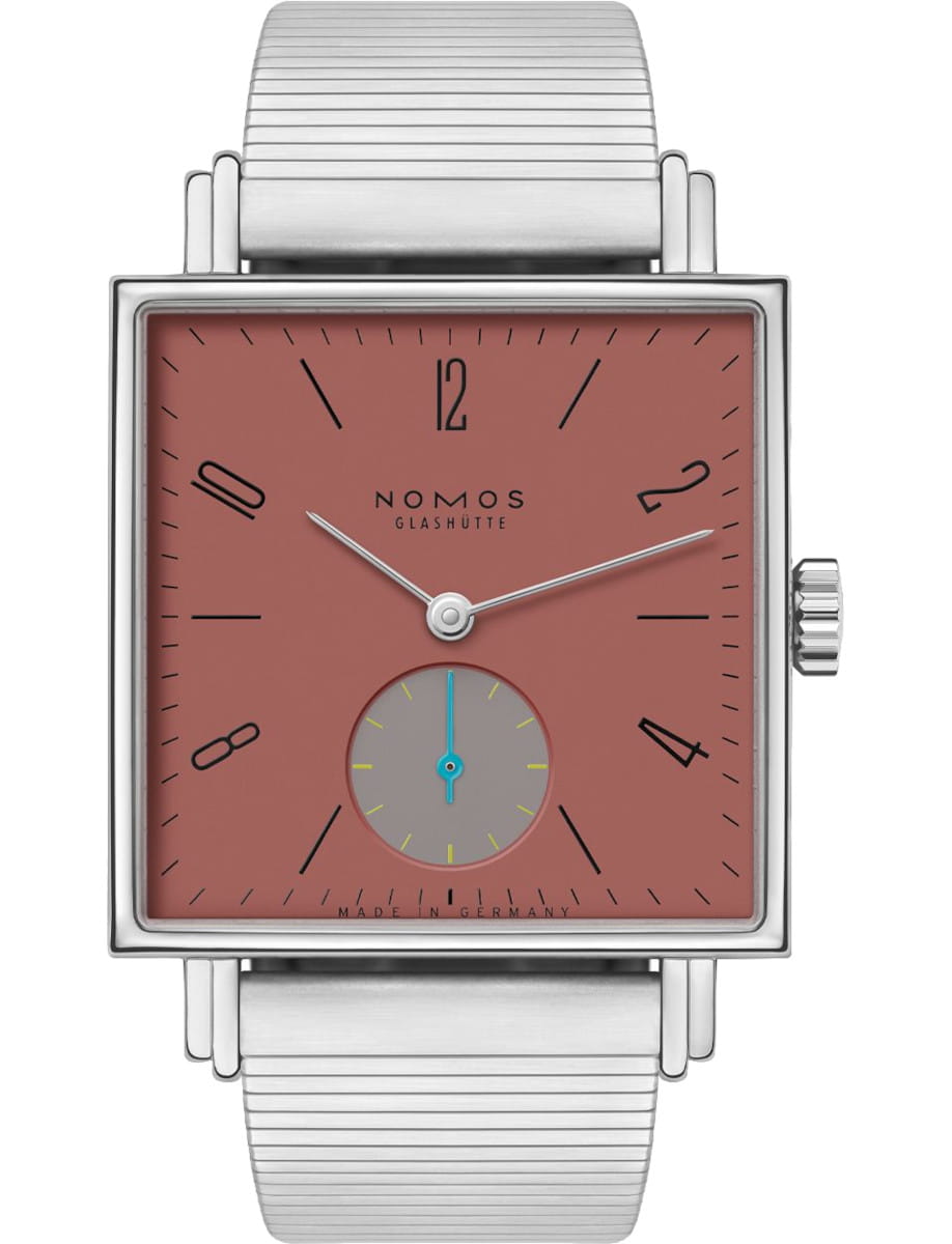 Square NOMOS Glashütte wristwatch with a terracotta dial, silver hands, and a blue second hand on a grey subdial at 6 o'clock, stainless steel bracelet