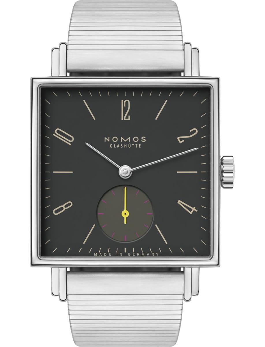 Square-faced Nomos watch with a dark dial, silver hands, and a small subdial at 6 o'clock showing a yellow second hand.
