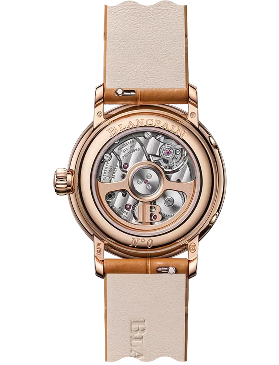 Back view of Blancpain wristwatch with red gold case, opaline dial and alligator leather strap
