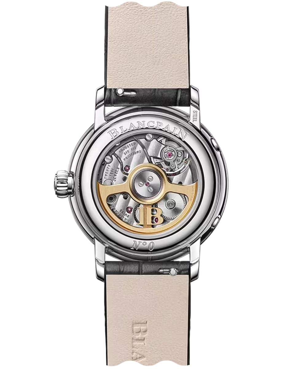 Back view of Blancpain wristwatch with stainless steel case, opaline dial and alligator leather strap