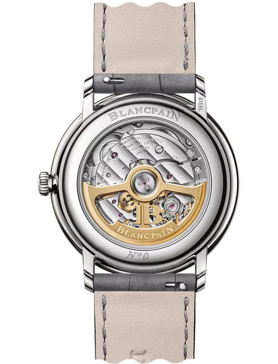 Back view of Blancpain Villeret Ultraplate wristwatch with stainless steel case, pink dial, and alligator leather strap.