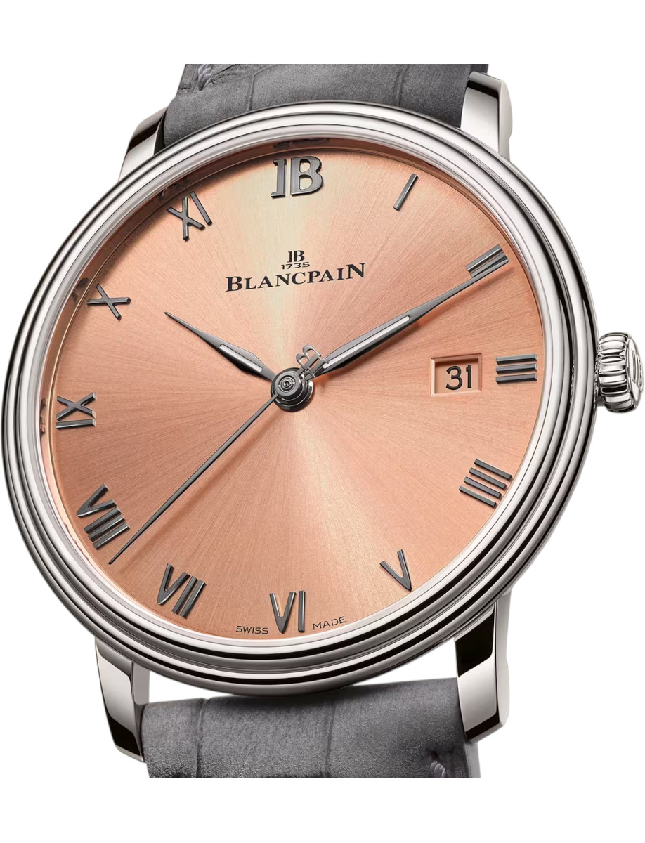 Side view of Blancpain Villeret Ultraplate wristwatch with stainless steel case, pink dial, and alligator leather strap.