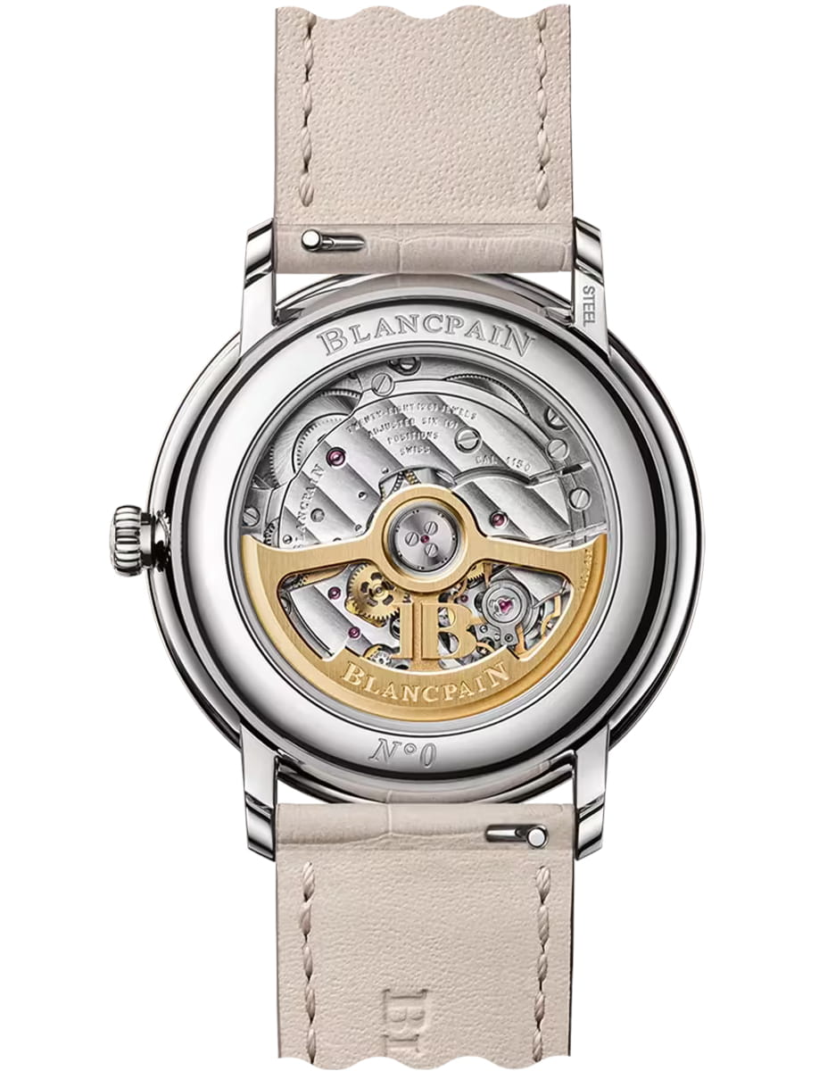 Back view of Blancpain wristwatch with stainless steel case, opaline dial and alligator leather strap