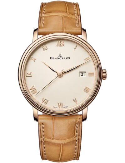 Blancpain wristwatch with red gold case, opaline dial and alligator leather strap | Feldmar Watch Co. Blancpain wristwatch with red gold case, opaline dial and alligator leather strap