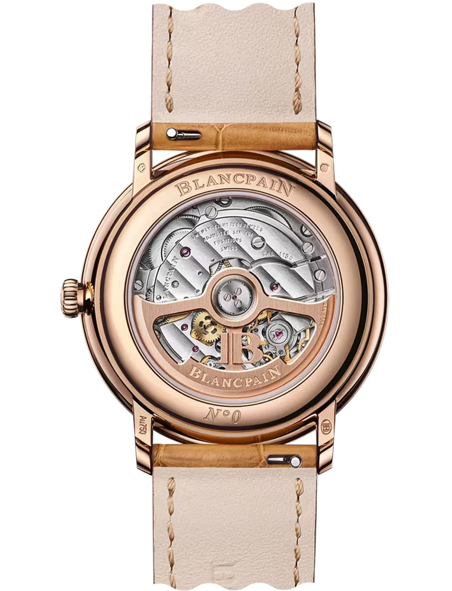 Back view of Blancpain wristwatch with red gold case, opaline dial and alligator leather strap
