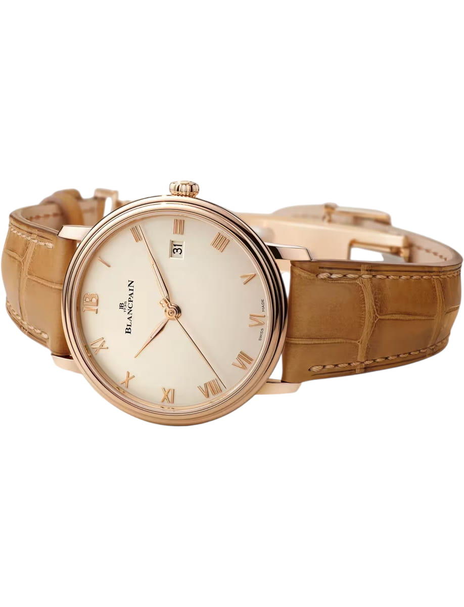 Side view of Blancpain wristwatch with red gold case, opaline dial and alligator leather strap