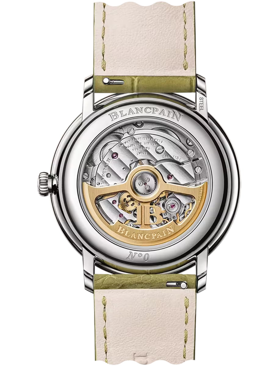 Back view of Blancpain wristwatch with stainless steel case, opaline dial and alligator leather strap
