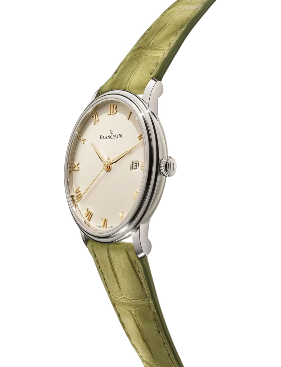 Side view of Blancpain wristwatch with stainless steel case, opaline dial and alligator leather strap
