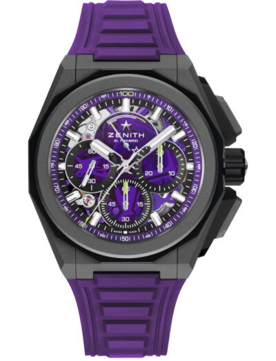Zenith El Primero chronograph watch with purple rubber strap, titanium case, and violet dial.