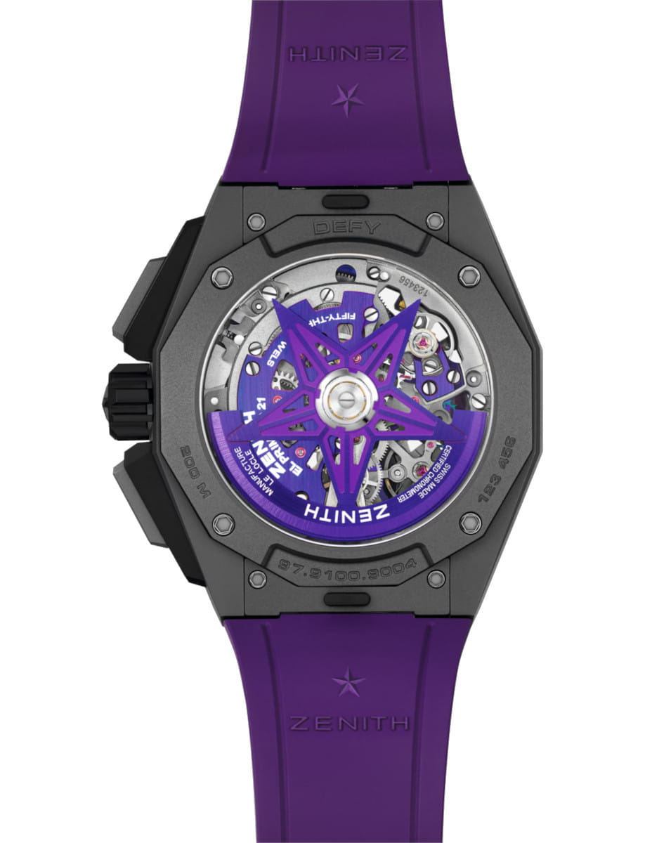 Zenith Defy wristwatch with purple rubber strap and visible mechanical movement on the back.