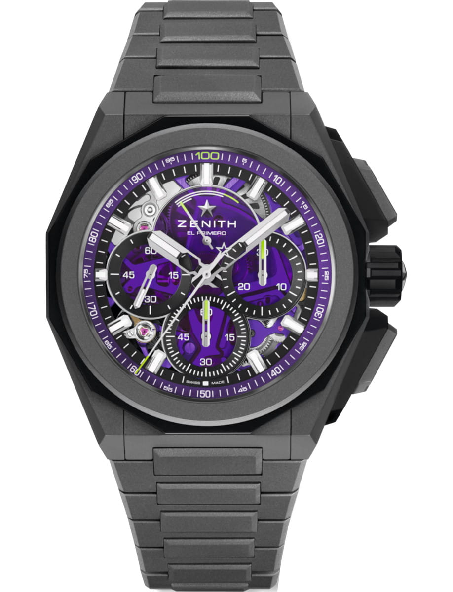 Zenith El Primero chronograph watch with microblasted titanium case and bracelet, and violet dial.