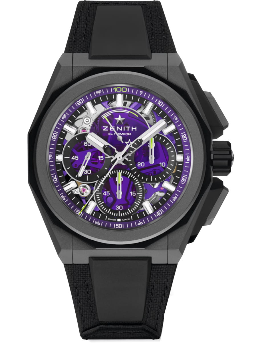 Zenith El Primero chronograph watch with black Velcro strap, titanium case, and violet dial.