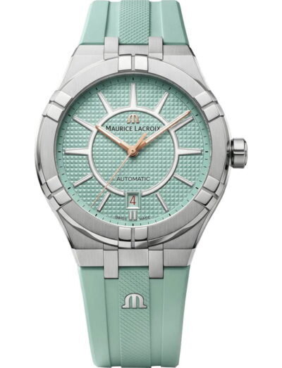 Maurice Lacroix Aikon Liberty wristwatch with stainless steel case, Bartholdi Green dial and rubber strap.