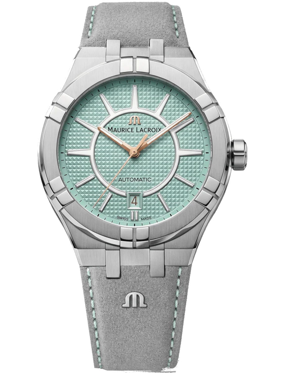 Close view of Maurice Lacroix Aikon Liberty wristwatch with stainless steel case, Bartholdi Green dial and Buffalo leather strap.